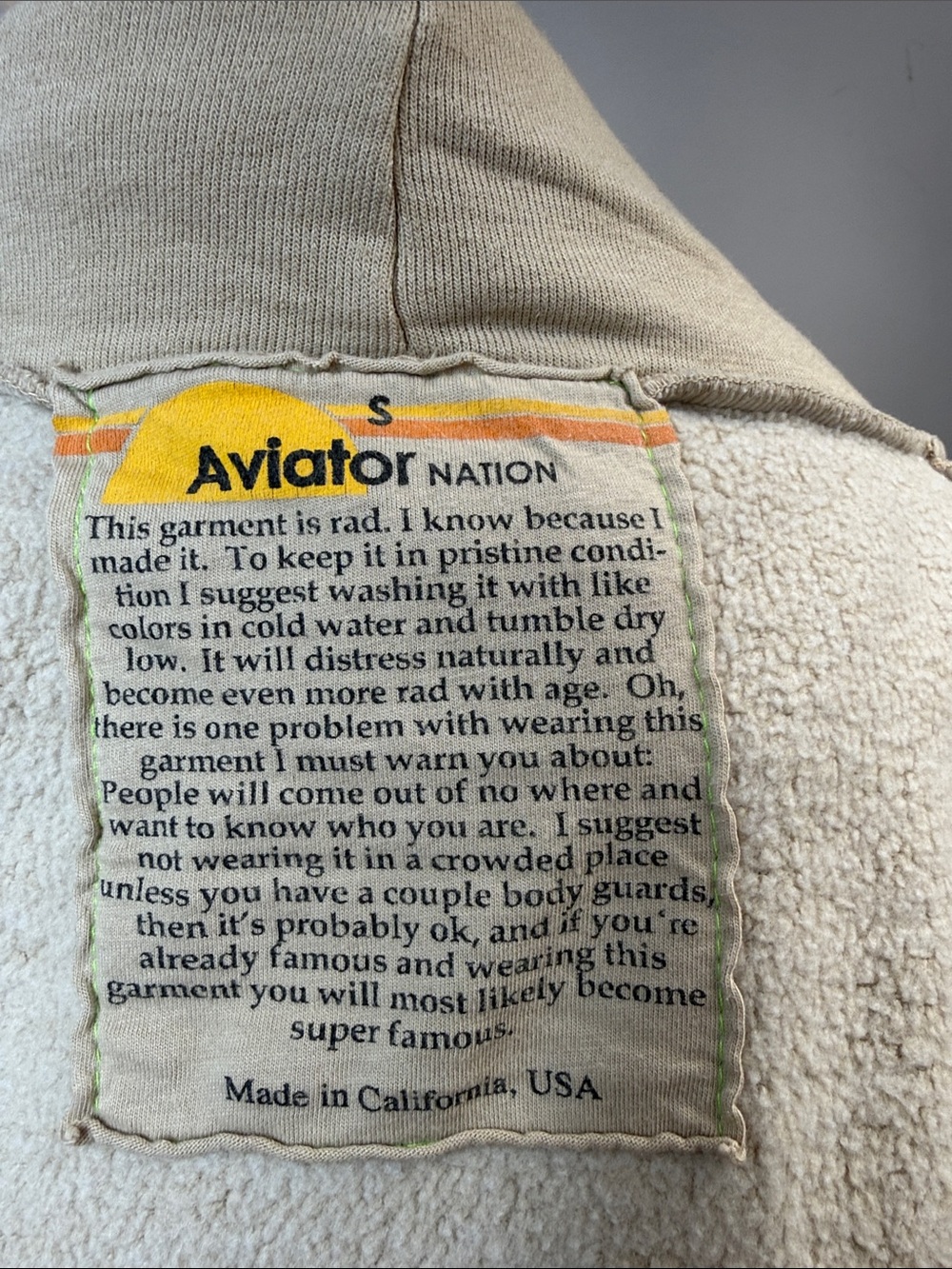 Aviator Nation Tan 5 Stripe Hoodie featuring a rainbow stripe - Small - Picture 5 of 5